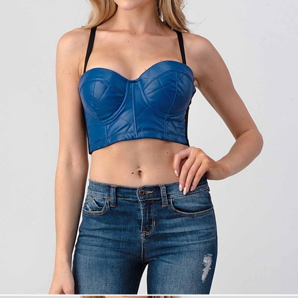 Host Pick The Callie Denim Blue Quilted VEGAN Leather Bustier Top LAST ONE LG😘 - Picture 7 of 9